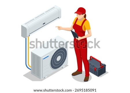 Isometric female technician inspecting split air conditioner system with tablet. Concept of diagnostics, Maintenance, HVAC service, and cooling system repair.