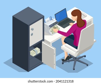 Isometric Female Teller Counting Money At Cash Department Concept. The Bank Employee Counts The Money And Puts It In The Safe. Digital Electronic Money Counter Currency Counting