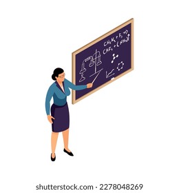 Isometric female university teacher during lecture near blackboard 3d vector illustration