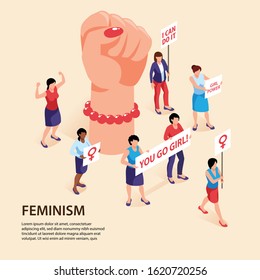 Isometric feminism background with editable text and hand fist with characters of protesting women with placards vector illustration