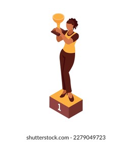 Isometric feminism icon with woman winner holding golden cup 3d vector illustration