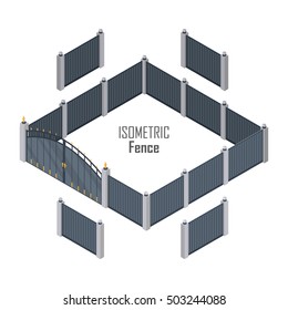 Isometric fence in dark colors isolated on white. Iron gate opens and closes from the middle. Fence with columns. Metal gates, wrought iron, lattice gates and fences for yard. Flat style. Vector