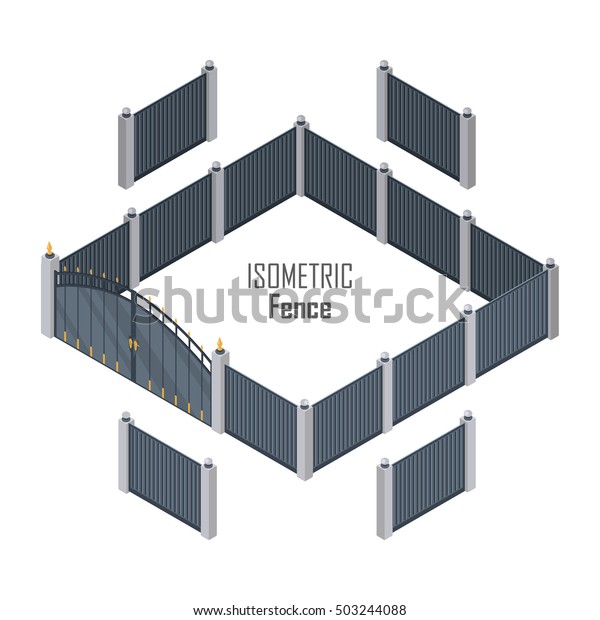 Isometrischer Zaun In Dunklen Farben Einzeln Stock Vektorgrafik