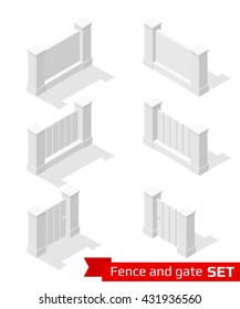 Isometric fence and gate constructor. Concrete parts isolated on white. Vector illustration