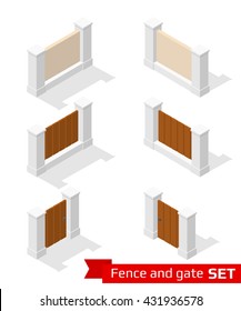 Isometric fence and gate constructor. Concrete parts with wooden planking isolated on white. Vector illustration