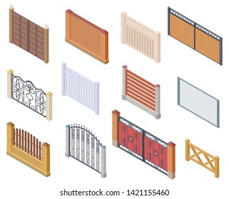 Isometric fence. Gates and farm garden wired security fences metal lattice 3d vector isolated collection. Architecture gate, fence and wall illustration