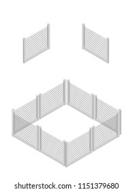 Isometric fence  isolated on white. No solid fence. Iron gate. Fence with columns. Metal, wrought iron, lattice gates and fences for yard. Flat style. Vector