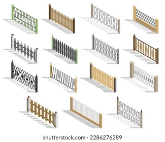 Isometric fences icon set. Urban real estate boundary elements. Spans fences of various materials. For gaming environment, app or web design