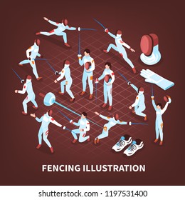 Isometric fencing background with set of isolated human characters of swordsmen and pieces of epeeist equipment vector illustration