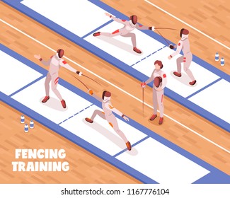 Isometric fencing composition with view of fencing saloon with fighting swordsmen on piste with editable text vector illustration