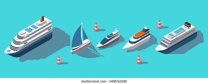 Isometric ferries, yachts, boats, passenger ships vector set