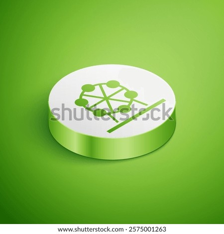 Isometric Ferris wheel icon isolated on green background. Amusement park. Childrens entertainment playground, recreation park. White circle button. Vector