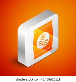 Isometric Fertilizer bag icon isolated on orange background. Silver square button. Vector Illustration