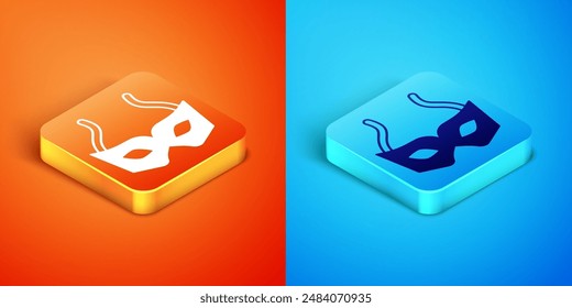 Isometric Festive mask icon isolated on orange and blue background. Merry Christmas and Happy New Year.  Vector