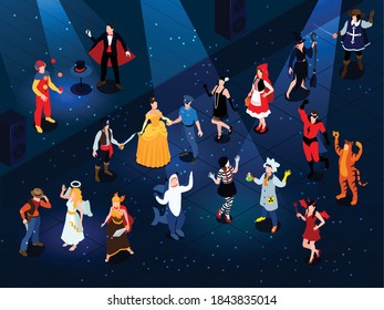 Isometric festive masquerade carnival composition with human characters wearing funky costumes vector illustration