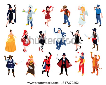 Isometric festive masquerade carnival party costumes set with isolated human characters wearing partysuits on blank background vector illustration