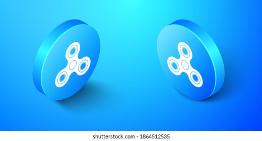 Isometric Fidget spinner icon isolated on blue background. Stress relieving toy. Trendy hand spinner. Blue circle button. Vector.