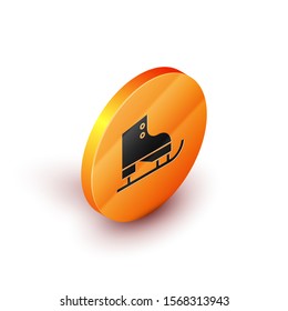 Isometric Figure skates icon isolated on white background. Ice skate shoes icon. Sport boots with blades. Orange circle button. Vector Illustration