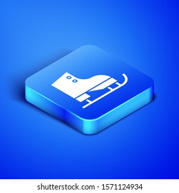 Isometric Figure skates icon isolated on blue background. Ice skate shoes icon. Sport boots with blades. Blue square button. Vector Illustration