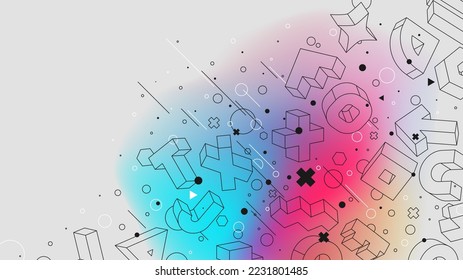 Isometric figures abstract gradient background mathematic 3d structure physical primitives, Vector posters with strange wireframes of geometric shapes modern design inspired by brutalism