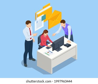 Isometric file in database concept. Businessman working reading documents graph financial to job succes. Cloud data storage and remote data access