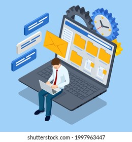Isometric file in database concept. Businessman working reading documents graph financial to job succes. Cloud data storage and remote data access