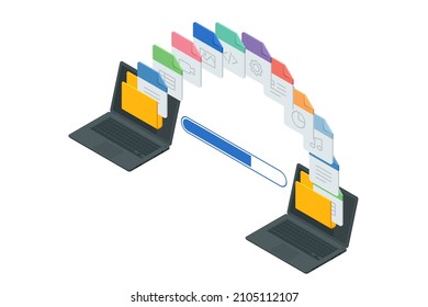 Isometric file in database, document flow management concept. Cloud data storage and remote data access