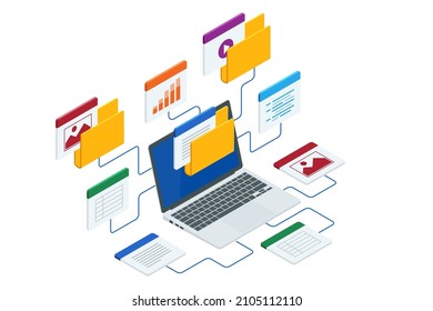 Isometric file in database, document flow management concept. Cloud data storage and remote data access