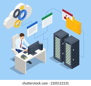 Isometric file in database, document flow management concept. Cloud data storage and remote data access