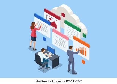 Isometric File In Database, Document Flow Management Concept. Cloud Data Storage And Remote Data Access