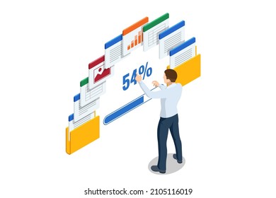Isometric file in database, document flow management concept. Cloud data storage and remote data access