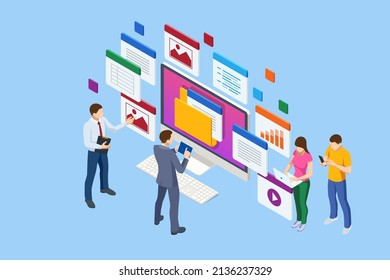 Archivo isométrico en la base de datos, administración de flujo de documentos. Base de datos de documentación en línea y sistema o software de almacenamiento de archivos digitales. Archivar la gestión de la base de datos digital en línea