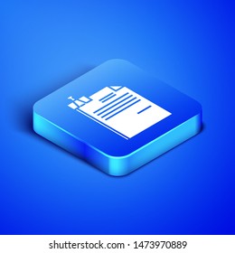 Isometric File document and binder clip icon isolated on blue background. Checklist icon. Business concept. Blue square button. Vector Illustration