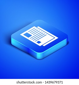 Isometric File document icon isolated on blue background. Checklist icon. Business concept. Blue square button. Vector Illustration