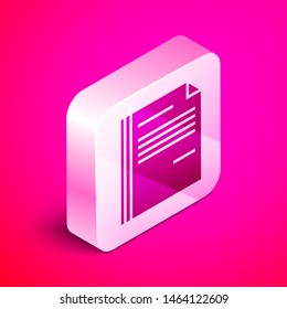 Isometric File document icon isolated on pink background. Checklist icon. Business concept. Silver square button. Vector Illustration