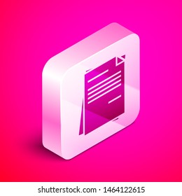Isometric File document icon isolated on pink background. Checklist icon. Business concept. Silver square button. Vector Illustration