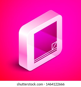 Isometric File document icon isolated on pink background. Checklist icon. Business concept. Silver square button. Vector Illustration