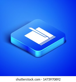 Isometric File document icon isolated on blue background. Checklist icon. Business concept. Blue square button. Vector Illustration
