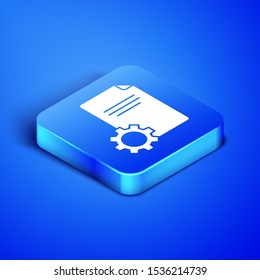 Isometric File document icon isolated on blue background. Adjusting, service, setting, maintenance, repair, fixing. Blue square button. Vector Illustration