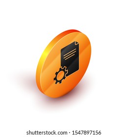 Isometric File document icon isolated on white background. Adjusting, service, setting, maintenance, repair, fixing. Orange circle button. Vector Illustration