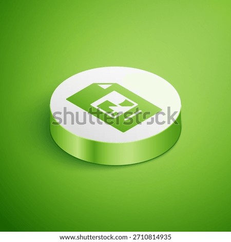 Isometric File document with illustration icon isolated on green background. Checklist icon. Business concept. White circle button. Vector