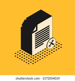Isometric File document with screwdriver and wrench icon isolated on yellow background. Adjusting, service, setting, maintenance, repair, fixing.  Vector Illustration