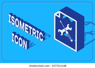 Isometric File document with screwdriver and wrench icon isolated on blue background. Adjusting, service, setting, maintenance, repair, fixing.  Vector Illustration