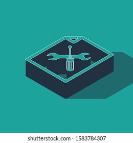 Isometric File document with screwdriver and wrench icon isolated on green background. Adjusting, service, setting, maintenance, repair, fixing.  Vector Illustration