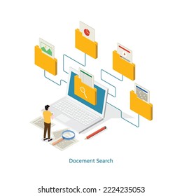 Isometric file search in database, document flow management concept. Cloud data storage and remote data access