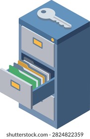 Isometric filing cabinet with secure physical storage key. A blue three drawer filing cabinet with an open middle drawer and a silver key on top. Ideal for illustrating physical data security and document management concepts.
