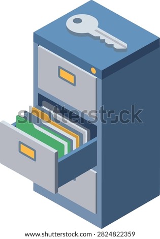 Isometric filing cabinet with secure physical storage key. A blue three drawer filing cabinet with an open middle drawer and a silver key on top. Ideal for illustrating physical data security and document management concepts.