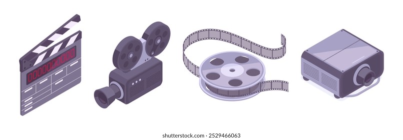 Isometric film production icons. Movie theatre film, projector and сlapperboard 3d vector illustration set. Filming movie elements