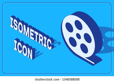 Isometric Film reel icon isolated on blue background.  Vector Illustration