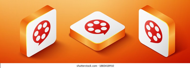 Isometric Film reel icon isolated on orange background. Orange square button. Vector.